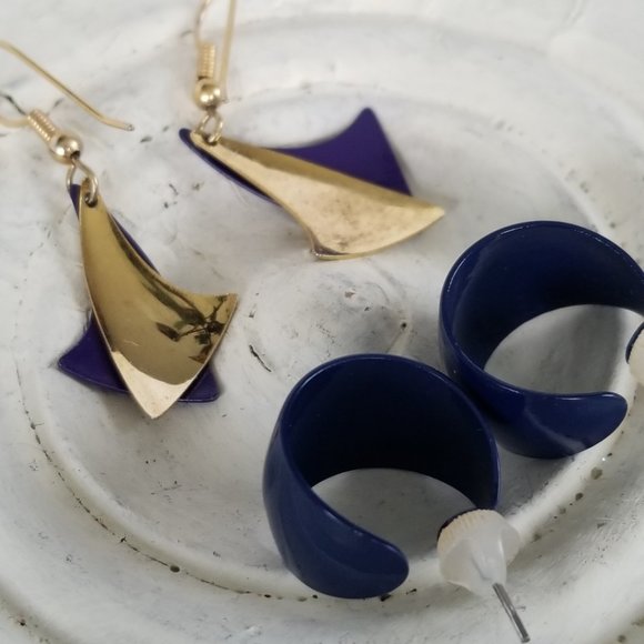 Blue & Gold Metal Earrings for Pierced Ears - Picture 6 of 10
